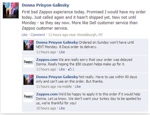 Ответ клиента zappos на фейсбуке