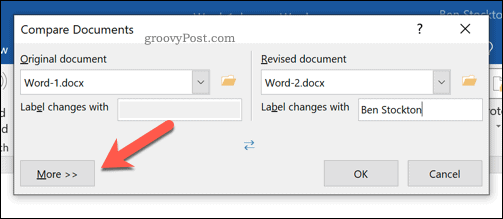 Дополнительные параметры для сравнения документов Microsoft Word