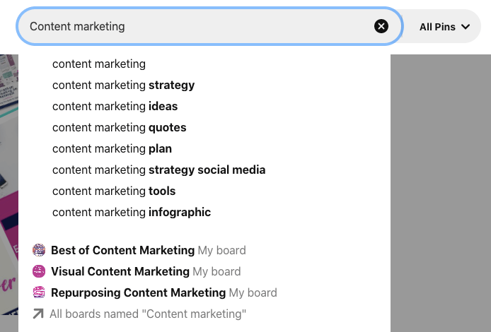 пример поиска по интересам для контент-маркетинга с контент-маркетингом в сочетании со стратегией, идеями, цитатами, планом, инструментами, инфографикой и т. д. наряду с несколькими досками, названия которых включают контент-маркетинг