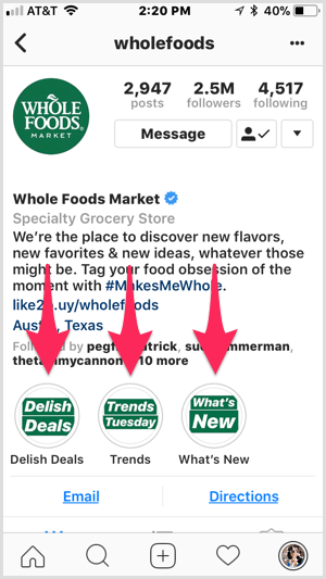 Актуальные моменты Instagram в профиле Whole Foods.