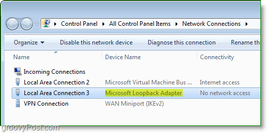 Снимок экрана Windows 7 Networking - адаптер Microsoft Loopback, видимый в окне сетевых подключений