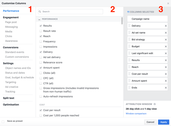 Пример окна создания отчета Facebook Ads Manager.