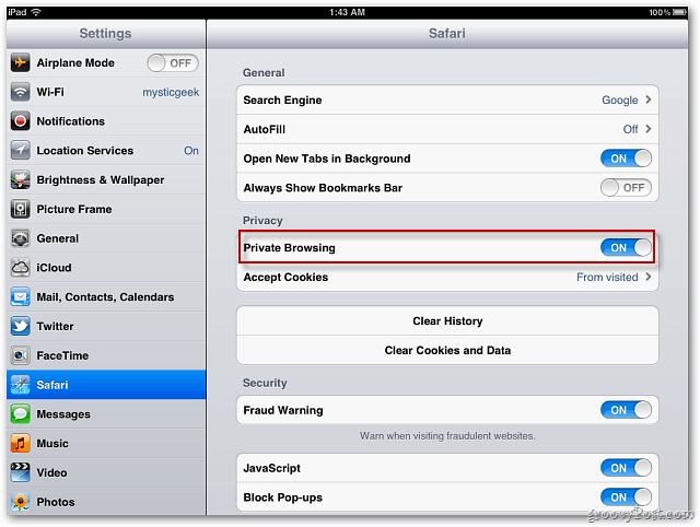 Apple iOS 5: включить приватный просмотр Safari