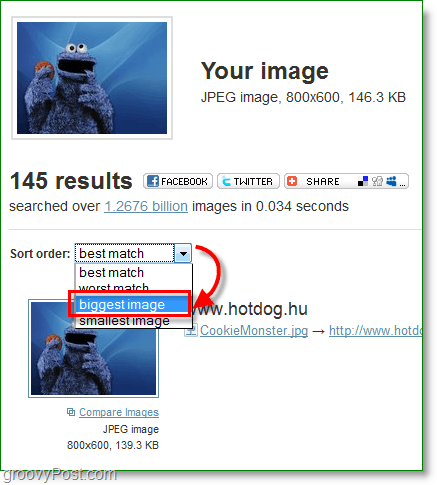 Скриншот TinEye - сортировка результатов вашего изображения
