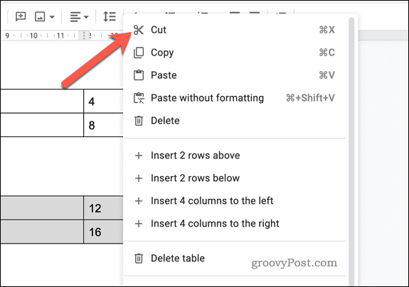 Вырезать данные таблицы в Google Docs