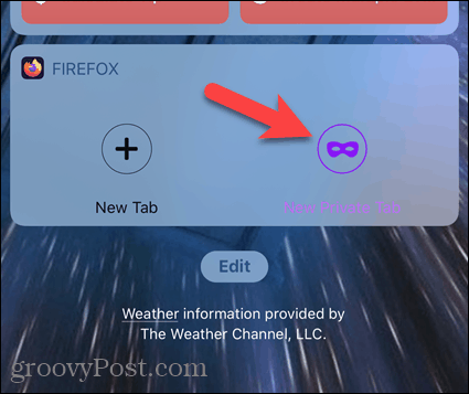 Нажмите Новая приватная вкладка в виджете Firefox в iOS.