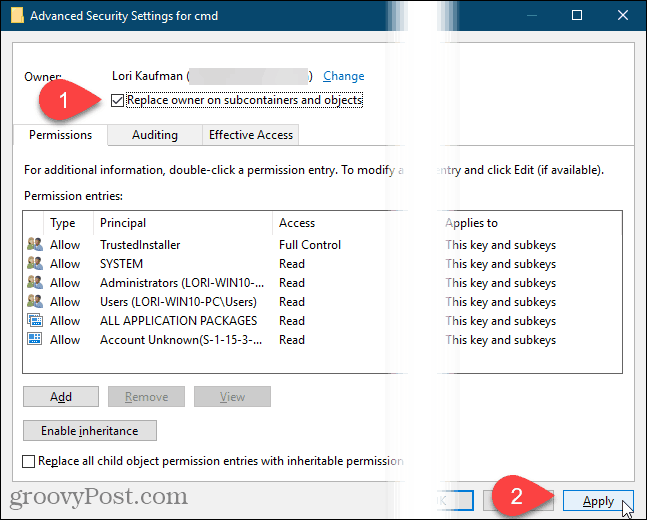 Нажмите «Применить» в диалоговом окне «Дополнительные параметры безопасности» в реестре Windows.