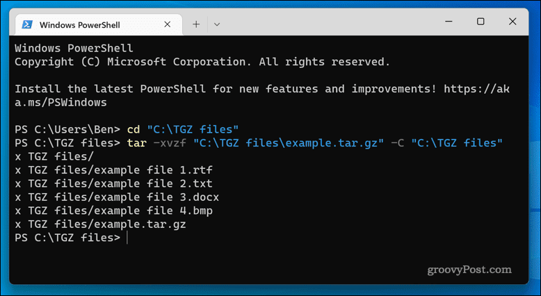Извлечение файлов TGZ в Windows 11 с помощью терминального приложения