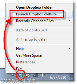 запустить сайт Dropbox для Windows 7