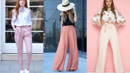 4 разные комбинации с розовыми брюками из бумажного пакета 