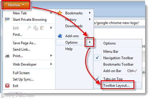 Параметры меню Firefox> Макет панели инструментов