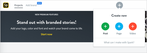 Коснитесь значка +, чтобы создать новую публикацию в Adobe Spark.