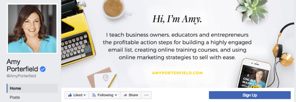 У Эми Портерфилд есть бизнес-страница с профессиональным фото профиля и титульной страницей, на которой освещаются продукты и услуги, которые предлагает ее бизнес.