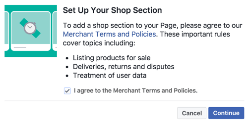 Согласитесь с Условиями и политиками продавца, чтобы настроить раздел магазина Facebook.