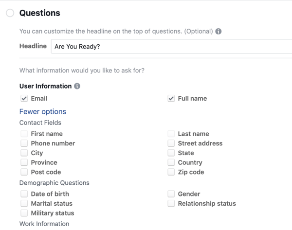 Варианты вопросов для рекламной кампании Facebook.