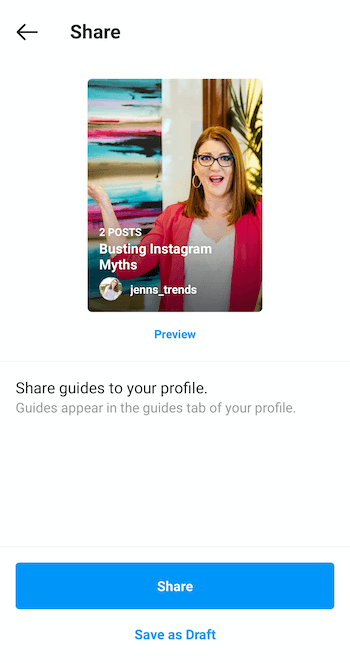 пример создать сейчас руководство Instagram поделиться экраном с предварительным просмотром синим цветом под изображением обложки, а также с параметрами нижней кнопки поделиться и сохранить как черновик