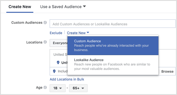Facebook Ads Manager создает индивидуальную аудиторию во время настройки рекламы
