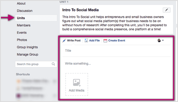 Щелкните элемент своей группы Facebook и напишите сообщение, добавьте файл или создайте мероприятие.