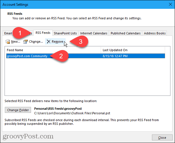 Нажмите Удалить на вкладке RSS-каналы в диалоговом окне «Настройки учетной записи» в Outlook.