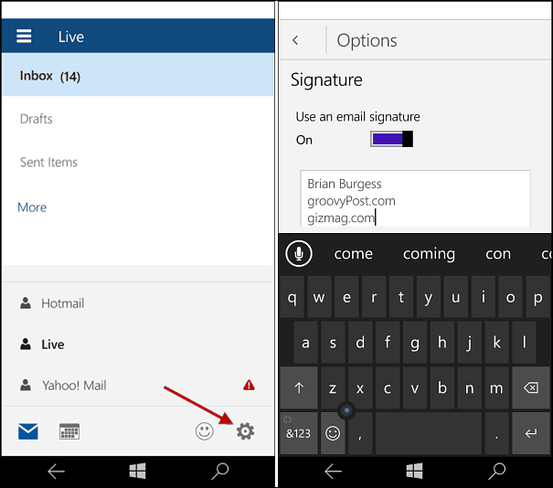 Windows 10 Mobile: изменение подписи почты Outlook