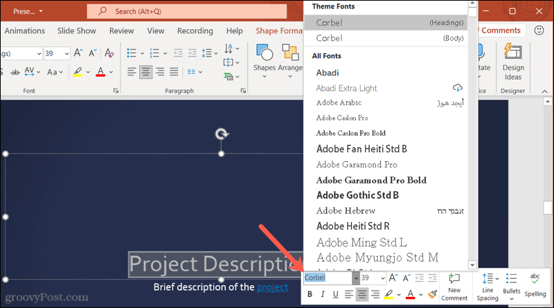 Шрифты на панели инструментов PowerPoint в Windows