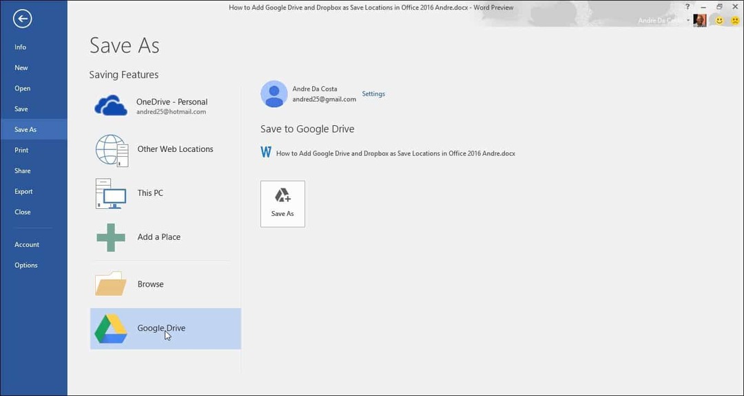 Добавить Google Диск и Dropbox в качестве сохранения местоположений в Microsoft Office