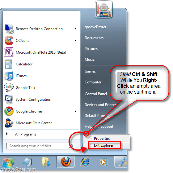 удерживайте клавиши и щелкните правой кнопкой мыши меню «Пуск», чтобы выйти из проводника в Windows 7