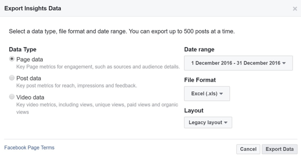 Выберите тип данных, диапазон, формат файла и макет для данных Facebook Insights.