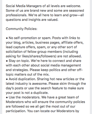 Вот пример правил группы Facebook.