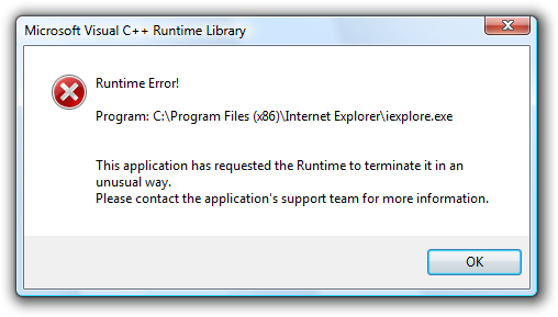 Internet Explorer 8 (IE8) Библиотека времени выполнения Microsoft Visual C ++: ошибка времени выполнения!