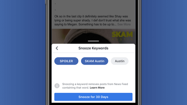 Facebook тестирует функцию «Отсрочка по ключевым словам», которая дает пользователям возможность временно скрывать сообщения на основе текста, непосредственно взятого из сообщения.