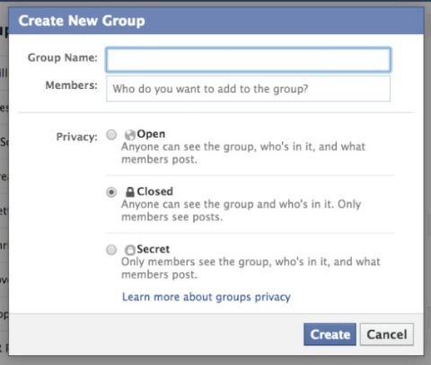 экран настройки группы facebook