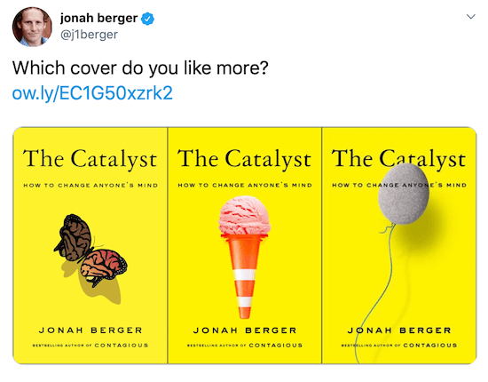 Твит Джоны Бергера с изображениями трех возможных обложек книг