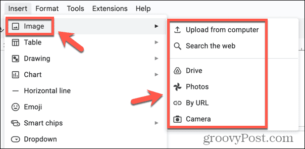 Google Docs вставить параметры изображения