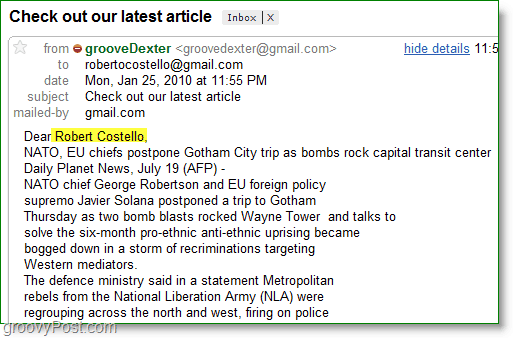 Скриншот Outlook 2010 - пример персонализированной массовой электронной почты