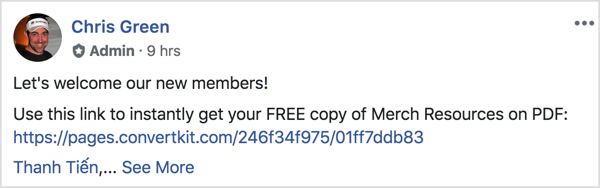 Этот пост в группе Facebook приветствует новых участников и напоминает им о необходимости загрузить бесплатный PDF-файл.