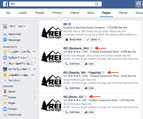 Проверенные местные компании на Facebook получают серый значок подтверждения рядом с их именем в результатах поиска и на своей странице.