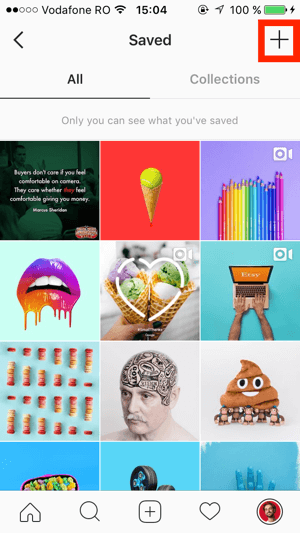 Коснитесь значка + в правом верхнем углу экрана «Сохранено в Instagram».