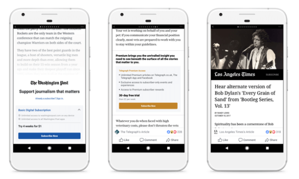 Facebook тестирует модели платного доступа и подписки для мгновенных статей с небольшой группой издателей в США и Европе.