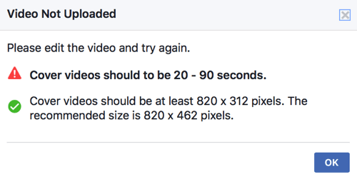 Если ваше видео-обложка еще не соответствует техническим стандартам Facebook, вы не сможете загрузить его напрямую в качестве обложки для своей страницы.
