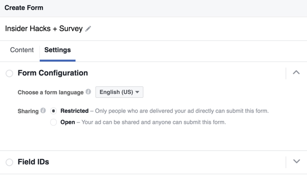Вы можете выбрать язык для формы для лида в Facebook.