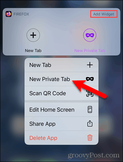 Нажмите и удерживайте значок Firefox и выберите «Новая личная вкладка» на iOS