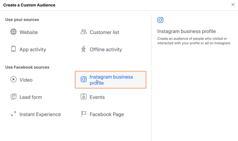 выберите Instagram Business в качестве источника для пользовательской аудитории Facebook