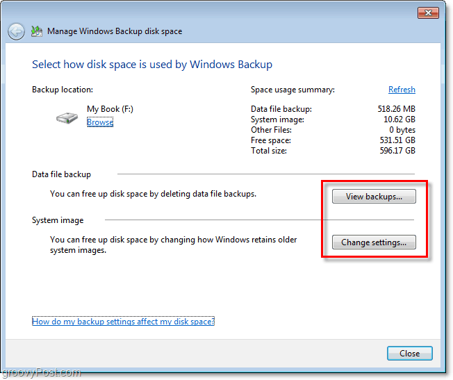 Windows 7 Backup - просмотр вашей резервной копии или изменение настроек для настройки размера