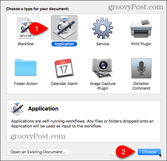 Выберите тип приложения в Automator для Mac