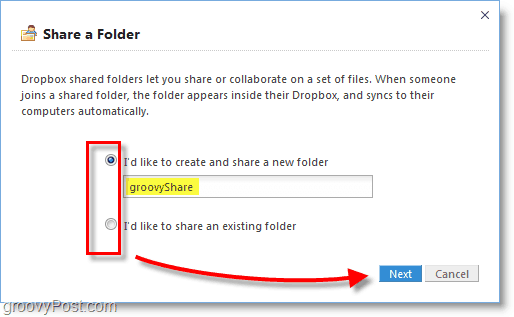 Снимок экрана Dropbox - создайте новую общую папку Dropbox