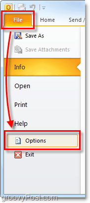 Файл> Параметры в Outlook 2010