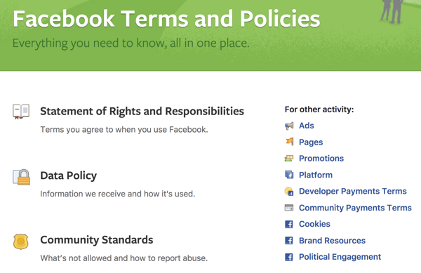 Facebook описывает все Условия и Политику, которые вам необходимо знать.