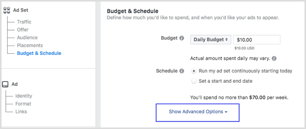 Нажмите Показать дополнительные параметры в разделе «Бюджет и расписание» при настройке рекламы в Facebook.