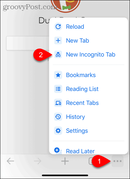 Нажмите «Новая вкладка« Инкогнито »в Chrome для iOS